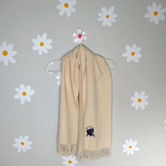 Polo Ralph Lauren Cream 100% Lambswool Blue Ralph Lauren Logo Fringe Scarf - Picture 2 of 10